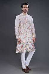 Off White Silk Floral Printed Kurta Pajama